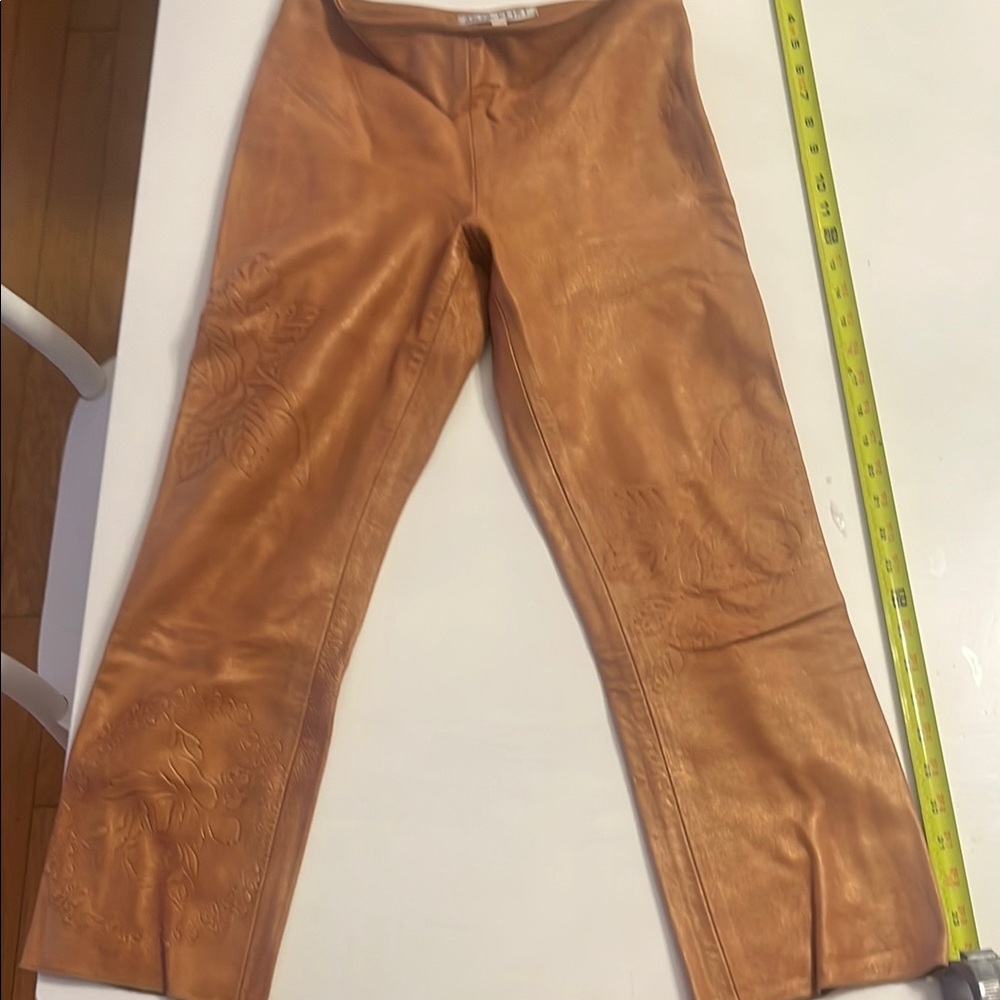 Tan Cropped Leather Pants with Straight Leg